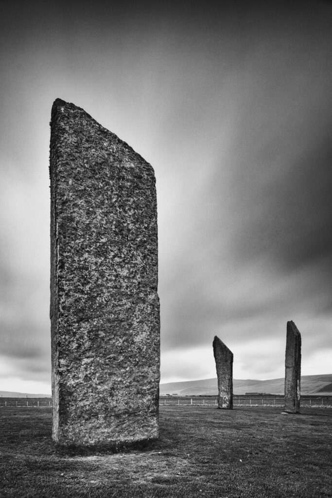 Scotland, Orkney Islands, Standing Stones of Stenness. The Standing Stones of Stenness, a Neolithic stone circle monument on the mainland of Orkney, Scotland, forming part of the Heart of Neolithic Orkney World Heritage Site