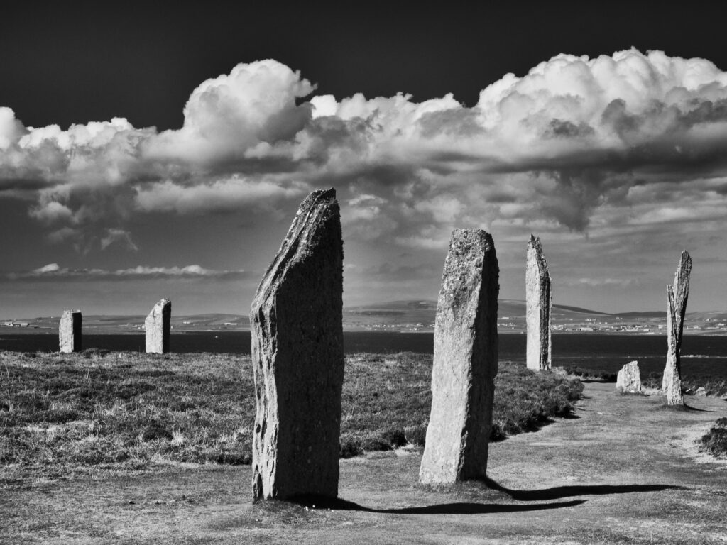 Scotland, Orkney Islands, The Ring of Brodgar. The Ring of Brodgar, a Neolithic stone circle and henge monument on the mainland of Orkney, Scotland, forming part of the Heart of Neolithic Orkney World Heritage Site