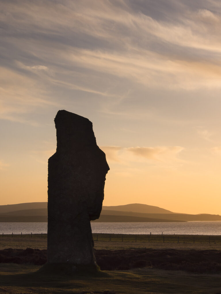 Scotland, Orkney Islands, The Ring of Brodgar. The Ring of Brodgar, a Neolithic stone circle and henge monument on the mainland of Orkney, Scotland, forming part of the Heart of Neolithic Orkney World Heritage Site