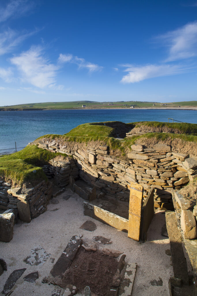 Scotland, Orkney Islands, Skara Brae Prehistoric Village. Skara Brae, a stone-built Neolithic settlement, located on the Bay of Skaill on the west coast of Mainland Orkney and forming part of the Heart of Neolithic Orkney World Heritage Site