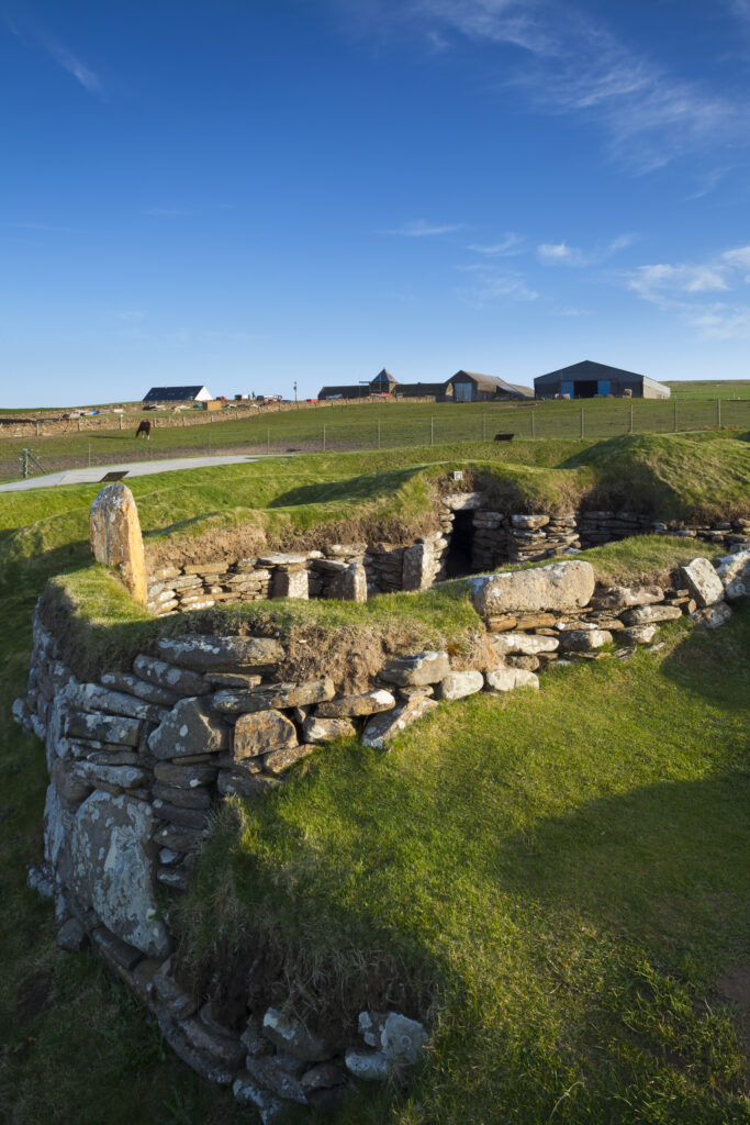 Scotland, Orkney Islands, Skara Brae Prehistoric Village. Skara Brae, a stone-built Neolithic settlement, located on the Bay of Skaill on the west coast of Mainland Orkney and forming part of the Heart of Neolithic Orkney World Heritage Site
