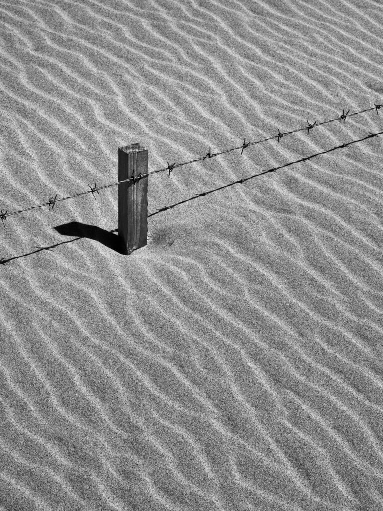 England, Northumberland, Ross Sands. Full height barbed wire fence covered by a drifting sand dune at Ross Sands in Northumberland.