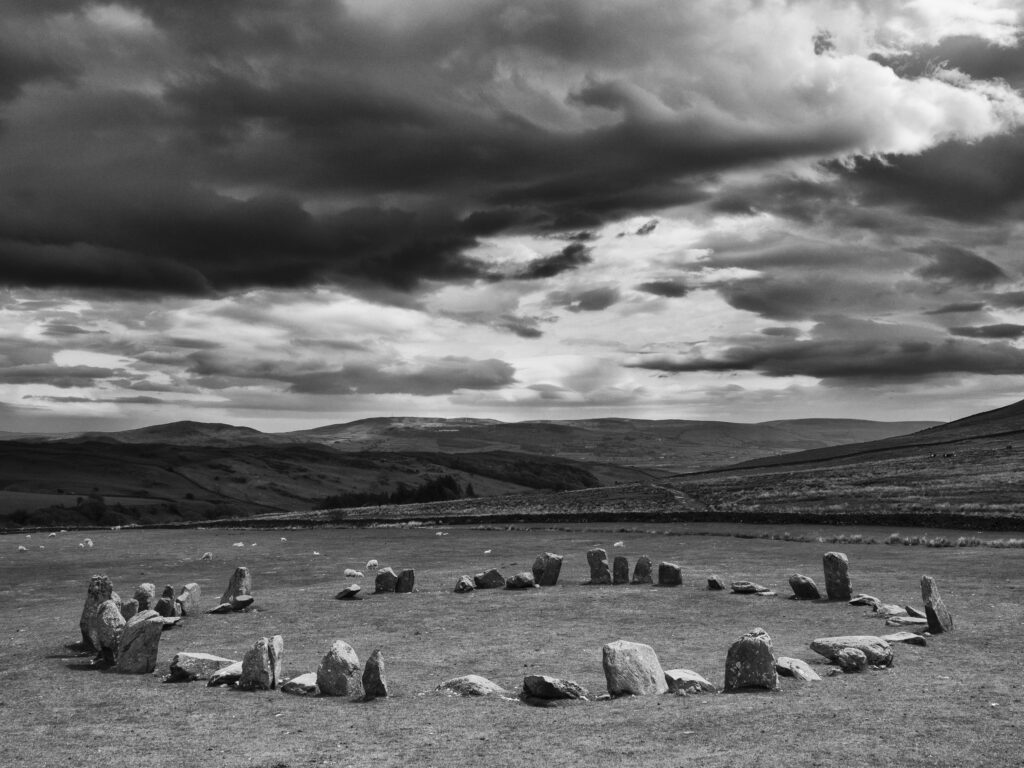 England, Cumbria, Swinside Stone Circle. The name of the Sunkenkirk stone circle, also known as Swinside, is derived from the ancient belief that the circle of stones are the remains of an ancient church (kirk) sunk into the ground by a strike from the Devil.