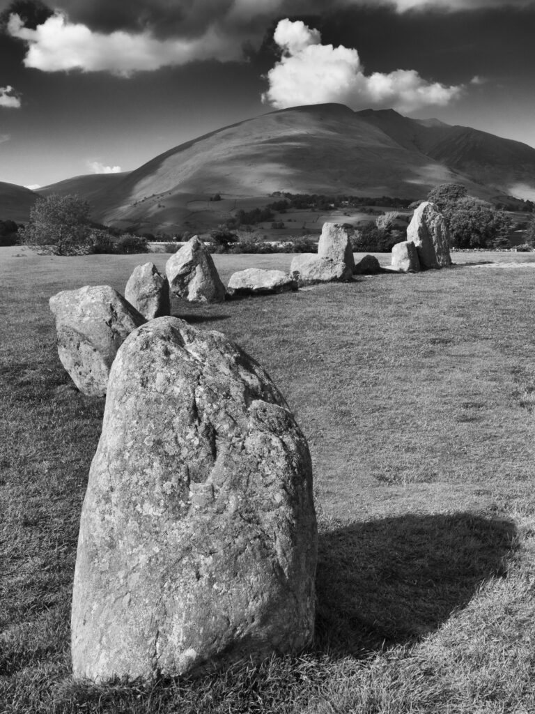 England, Cumbria, Lake District National Park. The popular Castlerigg Stone Circle near Keswick, dating back from the later Neolithic period. The mountain in the distance is Blencathra.
