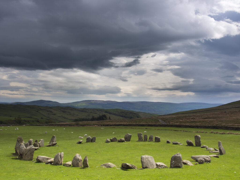 England, Cumbria, Swinside Stone Circle. The name of the Sunkenkirk stone circle, also known as Swinside, is derived from the ancient belief that the circle of stones are the remains of an ancient church (kirk) sunk into the ground by a strike from the Devil.
