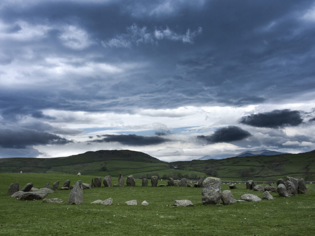 England, Cumbria, Swinside Stone Circle. The name of the Sunkenkirk stone circle, also known as Swinside, is derived from the ancient belief that the circle of stones are the remains of an ancient church (kirk) sunk into the ground by a strike from the Devil.