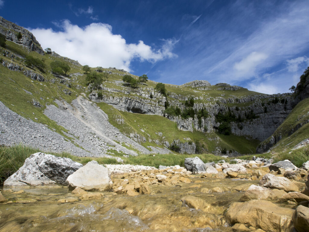 England, North Yorkshire, Yorkshire Dales National Park. Gordale Scar, a limestone ravine near Malham Cove in the Yorkshire Dales National Park