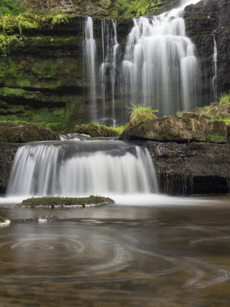 ENGLAND, Yorkshire, Yorkshire Dales National Park. The fast flowing Scalebar Force waterfall running through woodland, near Settle.