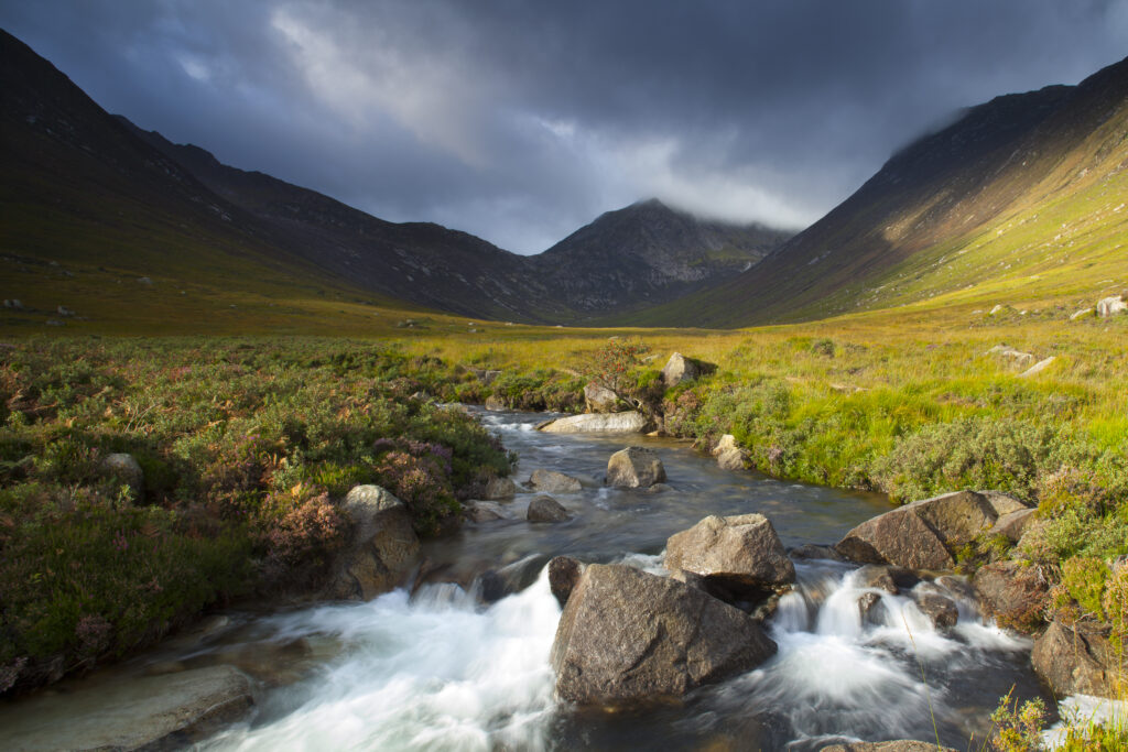 Scotland, North Ayrshire, Isle of Arran. Glen Sannox, a remote valley surrounded by mountains on the Island of Arran.