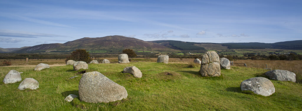 Scotland, North Ayrshire, Isle of Arran. A prehistoric stone circle on Machrie Moor. This is a concentric Stone Circle.