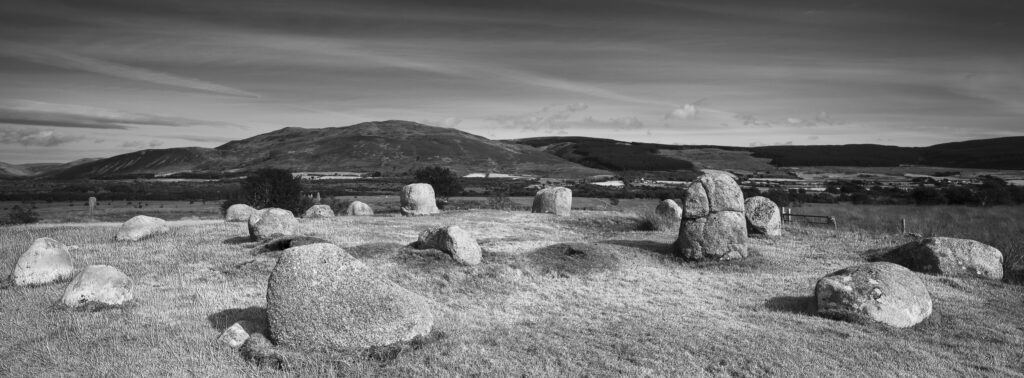 Scotland, North Ayrshire, Isle of Arran. A prehistoric stone circle on Machrie Moor. This is a concentric Stone Circle.