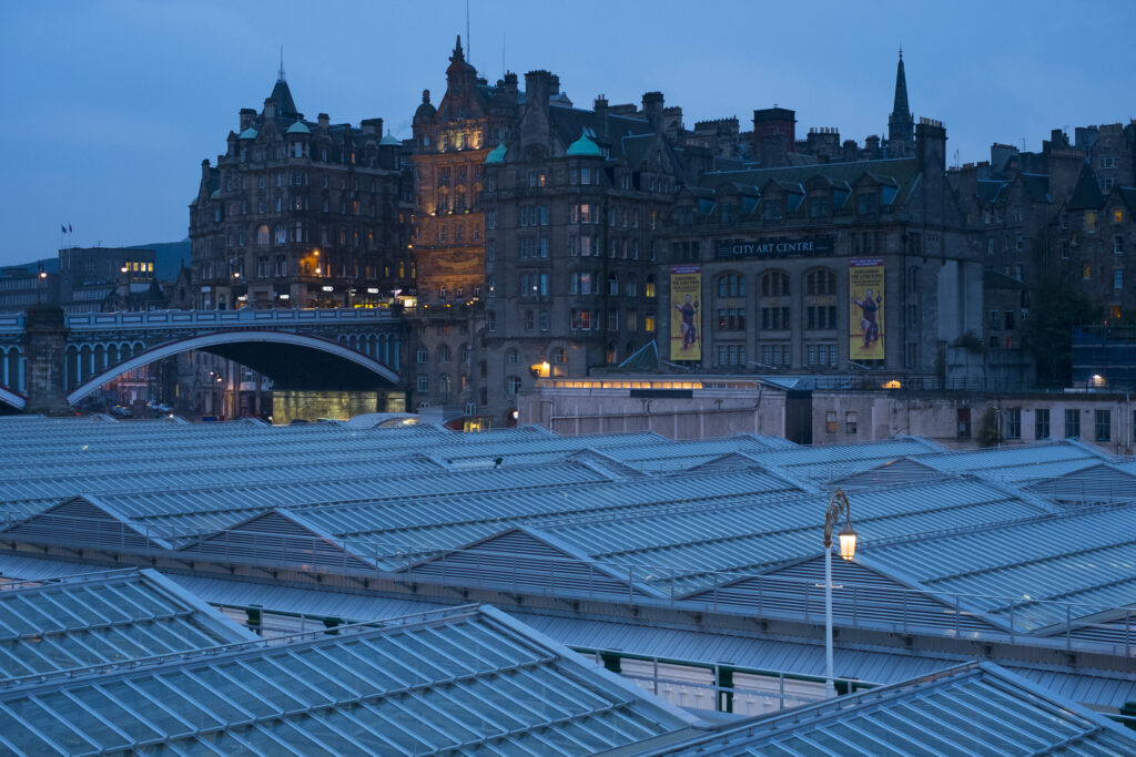 Scotland, Edinburgh, Waverley Station. Roof of Waverley station, the principal railway station in Edinburgh, situated beneath the North Bridge linking the two towns.