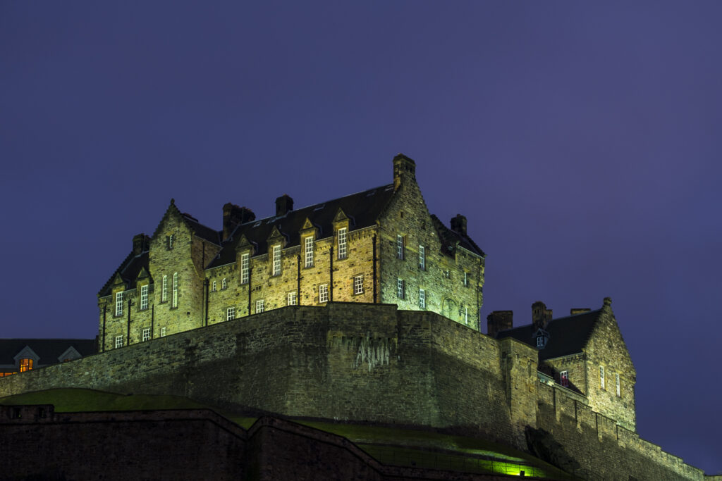 Scotland, Edinburgh, Edinburgh Castle. Edinburgh Castle illuminated at night.