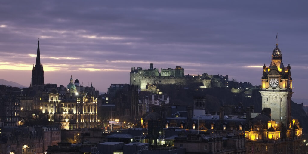 Scotland, Edinburgh, City Skyline. Impressive skyline of Edinburgh City viewed from Calton Hill looking towards Castle Rock and the surrounding old town.