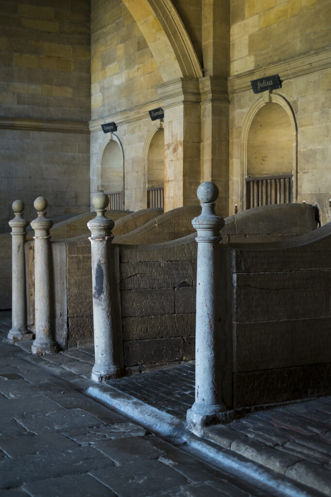 England, Northumberland, Seaton Delaval Hall. Stone stables at Seaton Delaval Hall, considered to be Sir John Vanburgh's final masterpiece.