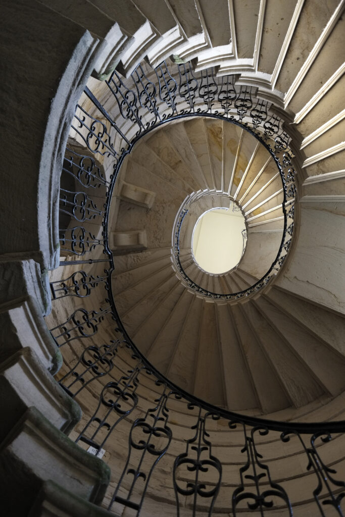 England, Northumberland, Seaton Delaval Hall. An interior staircase at Seaton Delaval Hall, considered to be Sir John Vanburgh's final masterpiece.
