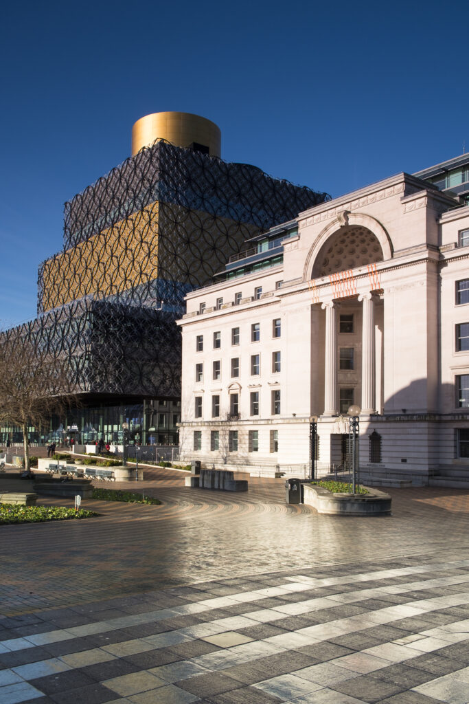 England, West Midlands, Birmingham City. The new Library of Birmingham and Baskerville House, in Centenary Square.