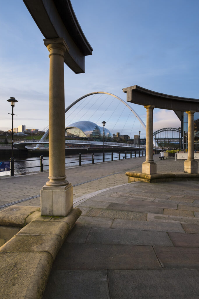 England, Tyne & Wear, Newcastle Upon Tyne. Looking from the Swirle Pavilion by Raf Fulcher, towards the Millenium Bridge & Sage Building on the Newcastle quayside.