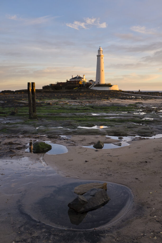 England, Tyne and Wear, St Mary's Island. Dawn at St Mary's Island and lighthouse, a popular location near Whitley Bay.