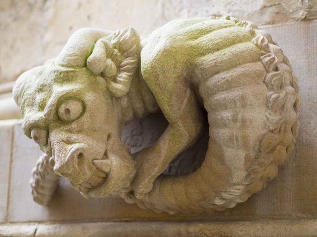 England, Lincolnshire, Lincoln Cathedral. Modern day gargoyle installed during the restoration of Lincoln Cathedral in the city of Lincoln.