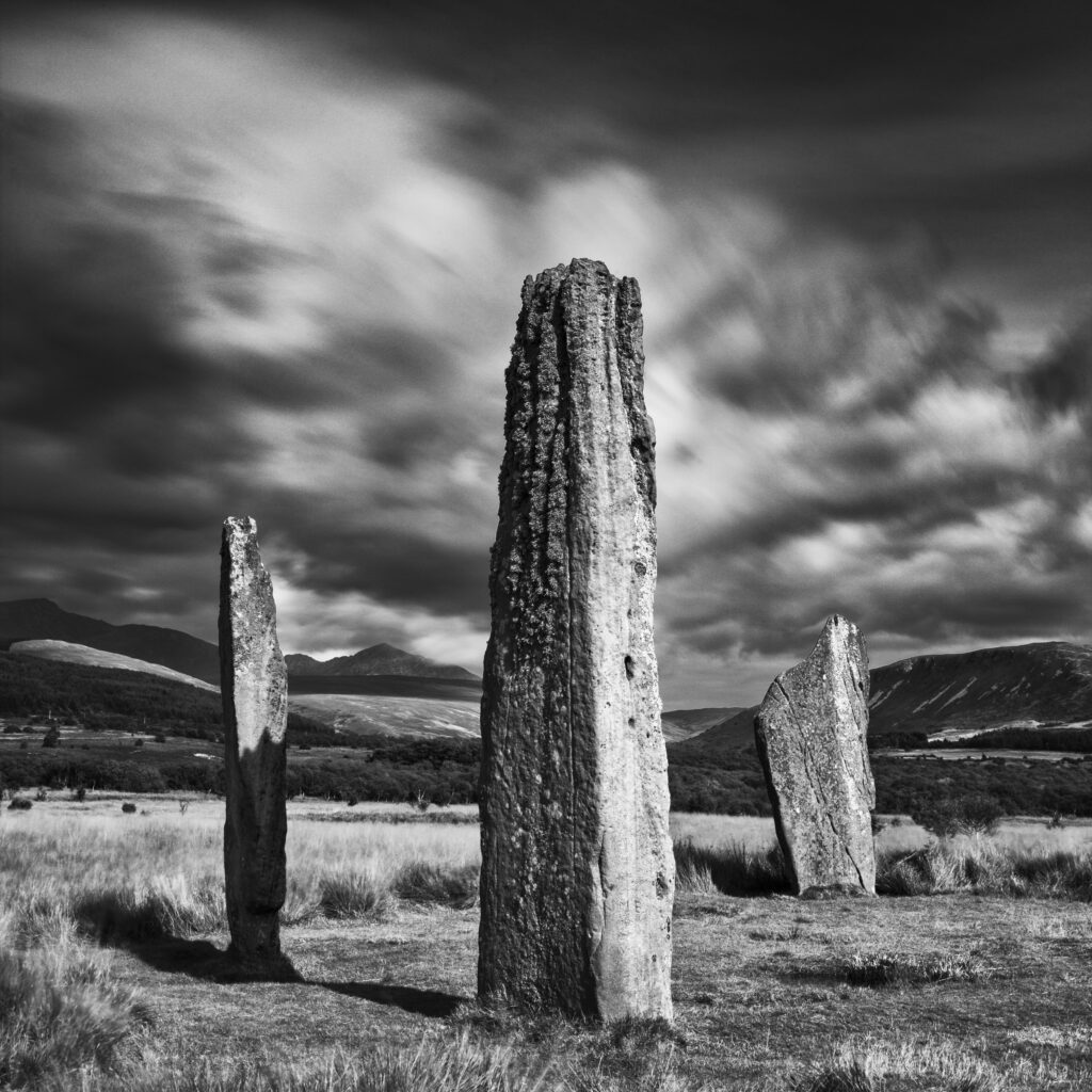 Scotland, North Ayrshire, Isle of Arran. Machrie Moor 2 Stone Circle on Machrie Moor, on the autumn equinox. This image was photographed for the Legacy project, a fascinating not-for-profit endeavour to capture the mystifying stone remains of prehistoric sites scattered across the British Isles. Please visit www.thelegacyproject.org.uk for more information.