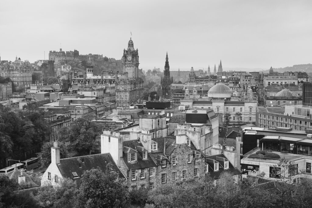 Scotland, Edinburgh, Calton Hill. View from near the Dugald Stewart Monument on Calton Hill, looking towards the Castle and Old Town of Edinburgh.