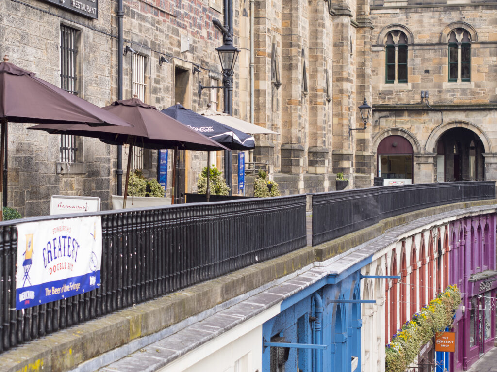 Scotland, Edinburgh, Old Town. Looking along a terrace above West Bow in the Old Town.
