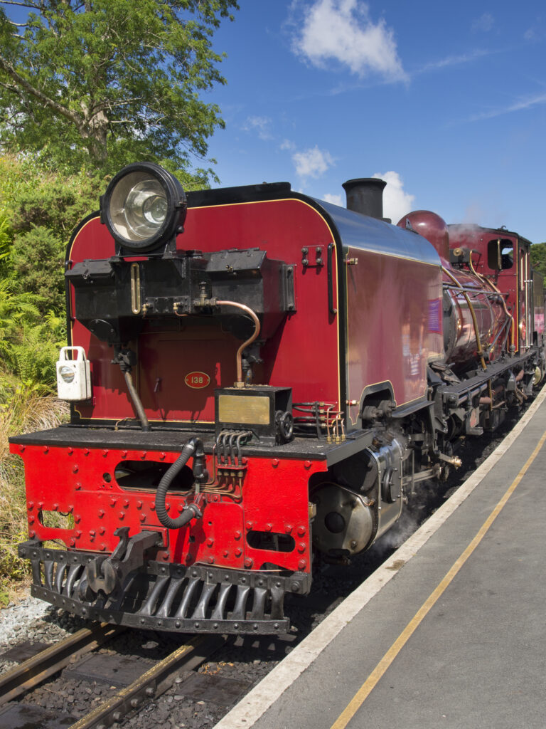 Wales, Gwynedd, Ffestiniog & Welsh Highland Railway. Restored narrow gauge steam locomotive in service on the Ffestiniog & Welsh Highland Railway which runs through the heart of the Snowdonia National Park.