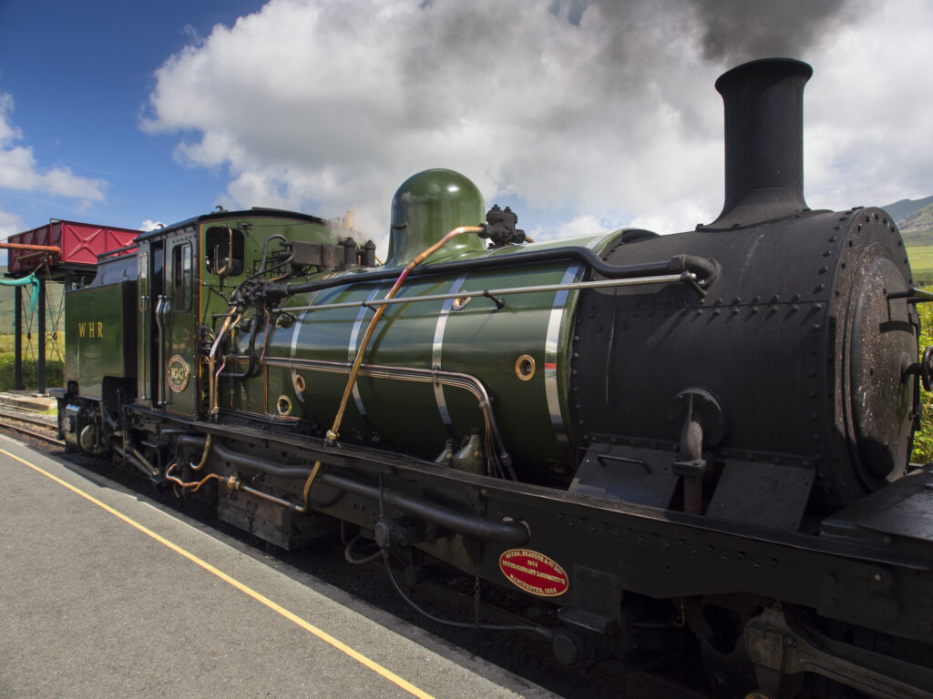 Wales, Gwynedd, Ffestiniog & Welsh Highland Railway. Restored narrow gauge steam locomotive in service on the Ffestiniog & Welsh Highland Railway which runs through the heart of the Snowdonia National Park.