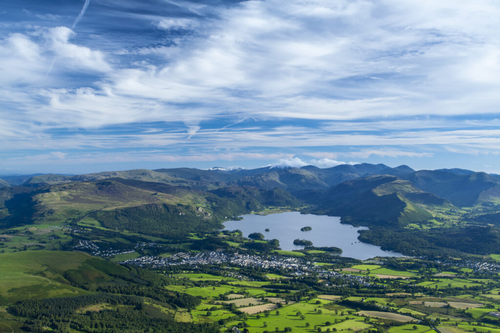 England, Cumbria, Lake District National Park. Derwentwater and surrounding montain and fells, viewed from the foothills of Skiddaw, the 4th highest mountain in England.