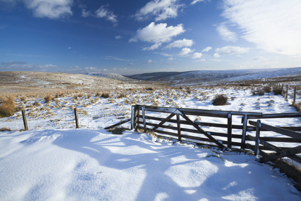England, Northumberland, Northumberland National Park. The snow covered Cheviot Hills near the Scottish Border and Carter Bar in the Redesdale area of the National Park.