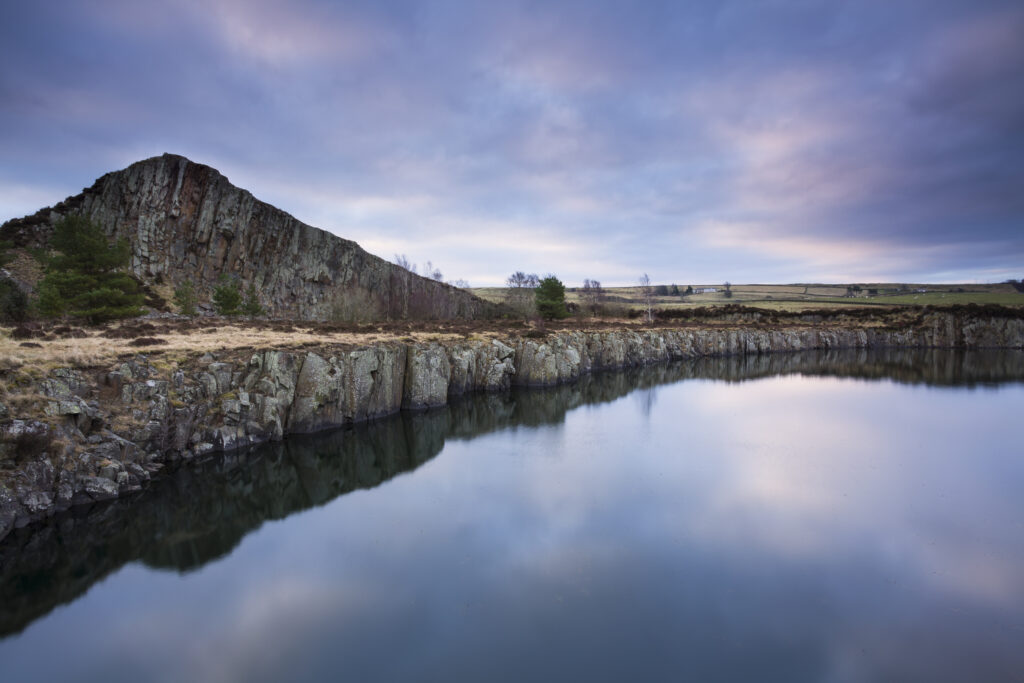 England, Northumberland, Northumberland National Park. Hadrians Wall and the Great Whin Sill at Cawfields near the town of Haltwhistle