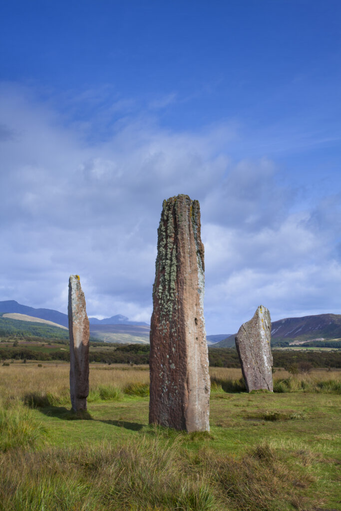 Scotland, North Ayrshire, Isle of Arran. Prehistoric stone circle on Machrie Moor, on the autumn equinox.