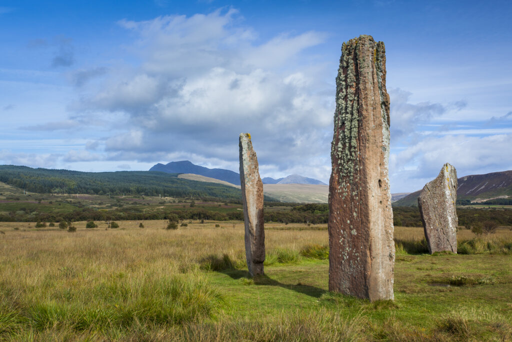 Scotland, North Ayrshire, Isle of Arran. Prehistoric stone circle on Machrie Moor, on the autumn equinox.