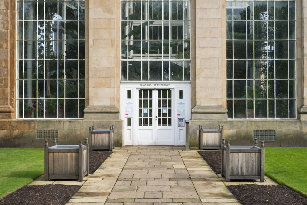 Scotland, Edinburgh, Royal Botanic Garden Edinburgh. Enterance to the Temperate Palm House and the Royal Botanic Gardens Glasshouses.