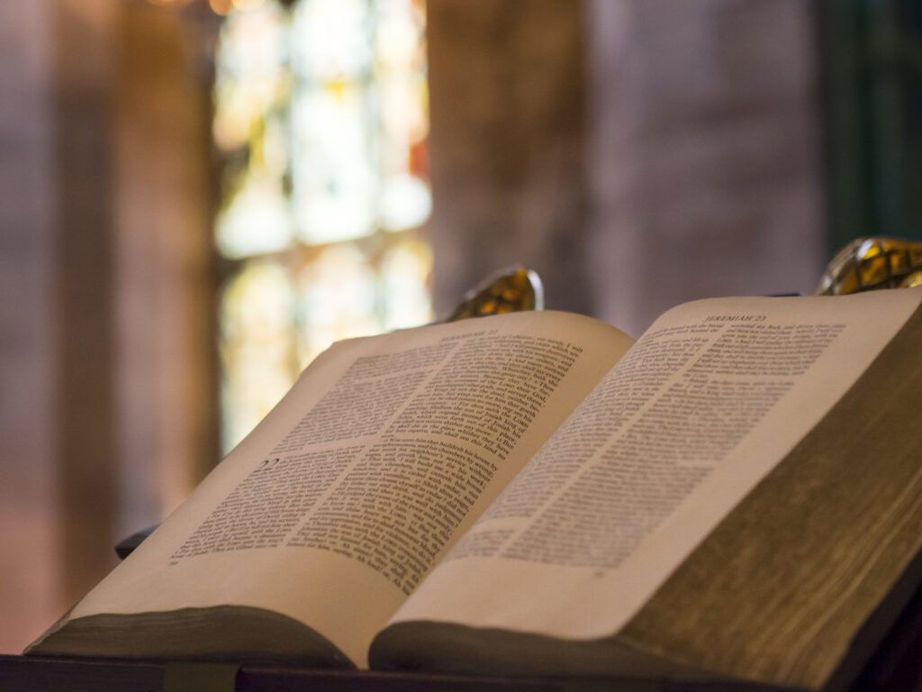 Scotland, Edinburgh, St Giles' Cathedral. Bible open in the interior of High Kirk of Edinburgh (St Giles' Cathedral), located on the Royal Mile.