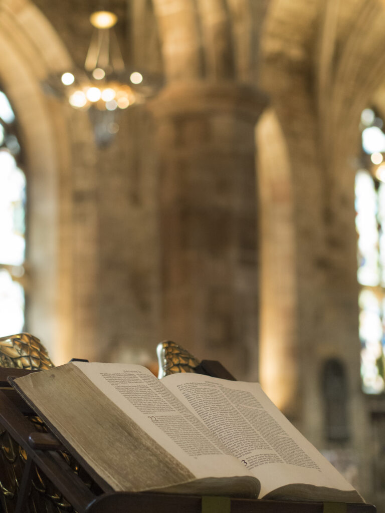 Scotland, Edinburgh, St Giles' Cathedral. Bible open in the interior of High Kirk of Edinburgh (St Giles' Cathedral), located on the Royal Mile.