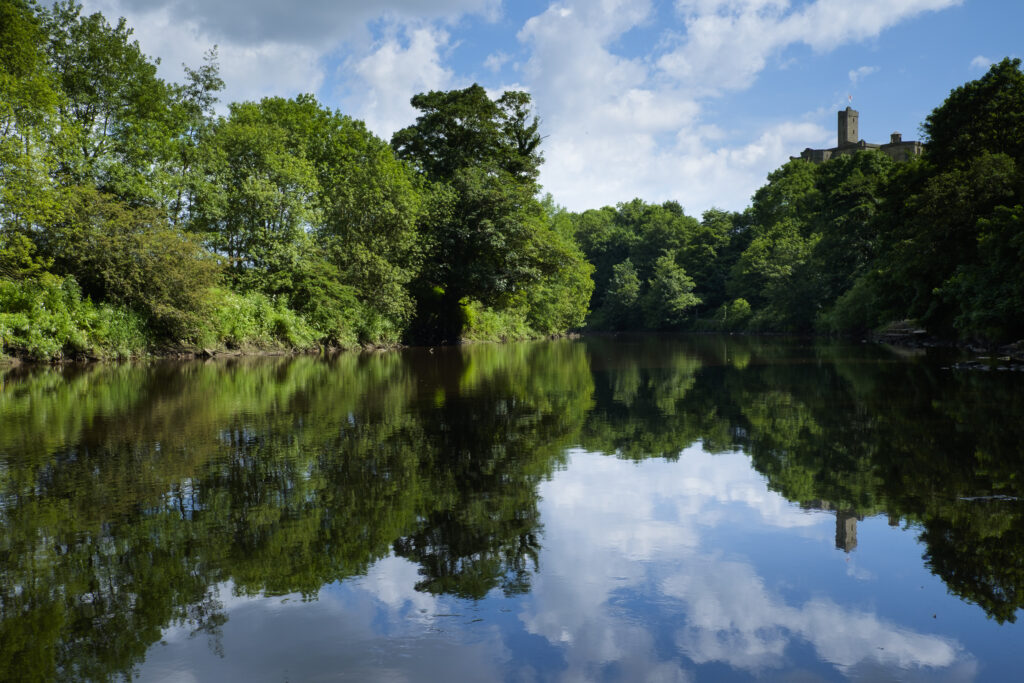 England, Northumberland, Warkworth. Warkworth Castle reflected upon the still waters of the River Coquet.