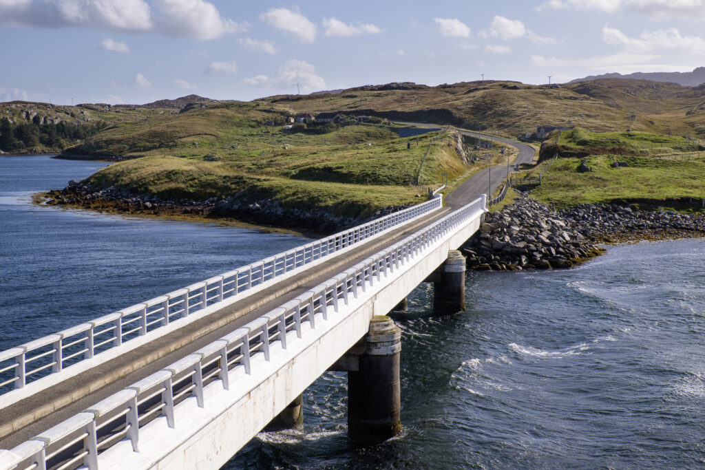 Scotland, Outer Hebrides, Bernera. Road bridge spanning the Atlantic Ocean joining the island of Bernera with the Isle Of Lewis.