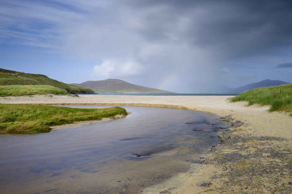Scotland, The Isle of Harris, Horgabost. Inlet running through the beach at Horgabost, looking towards the Sound of Taransay.
