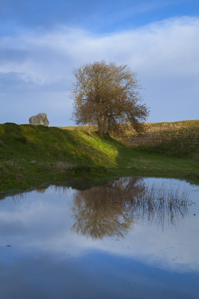 England, Wiltshire, Stonehenge & Avebury World Heritage Site (WHS). Avebury Henge, with a standing stone within the Northern Inner Circle, situated within the North East Sector of the Avebury Prehistoric Stone Circle.