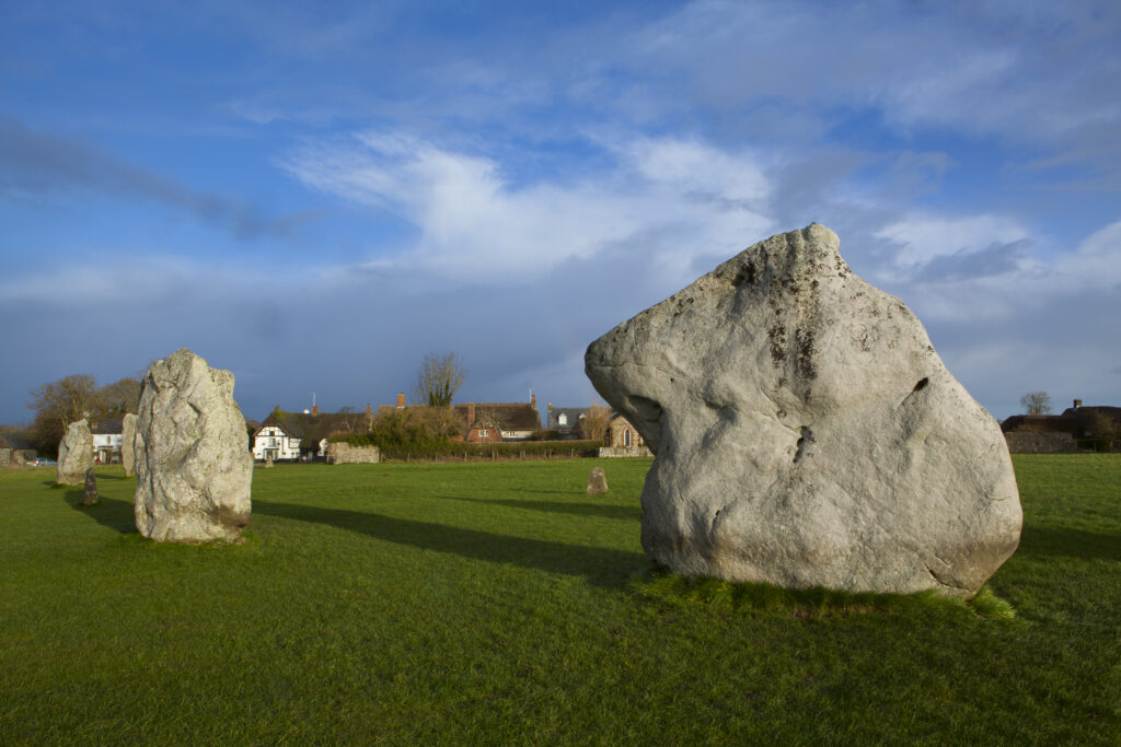 England, Wiltshire, Stonehenge & Avebury World Heritage Site (WHS). Prehistoric standing stones within the Southern Inner Circle, situated within the South East Sector of the Avebury Stone Circle.