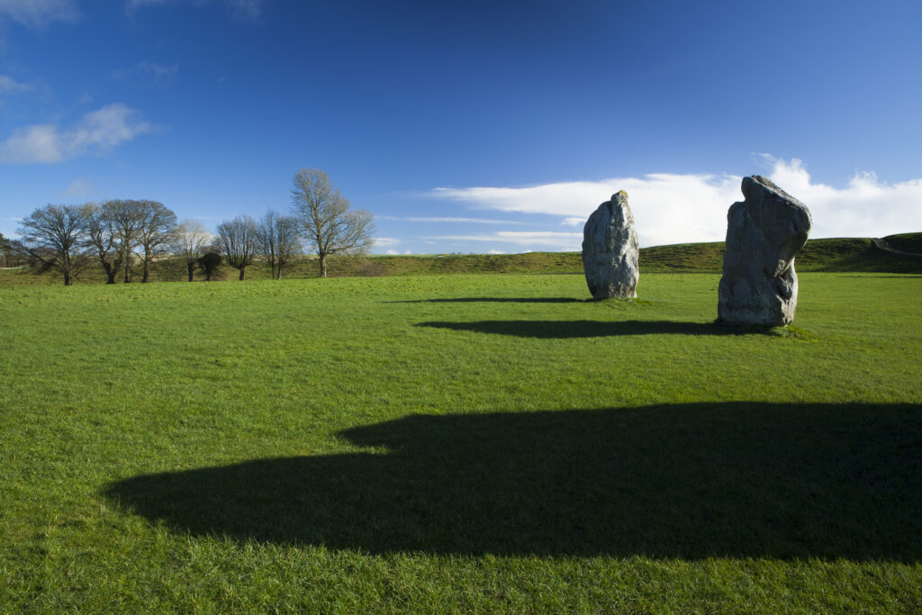 England, Wiltshire, Stonehenge & Avebury World Heritage Site (WHS). Prehistoric standing stones within the Southern Inner Circle, situated within the South East Sector of the Avebury Stone Circle.