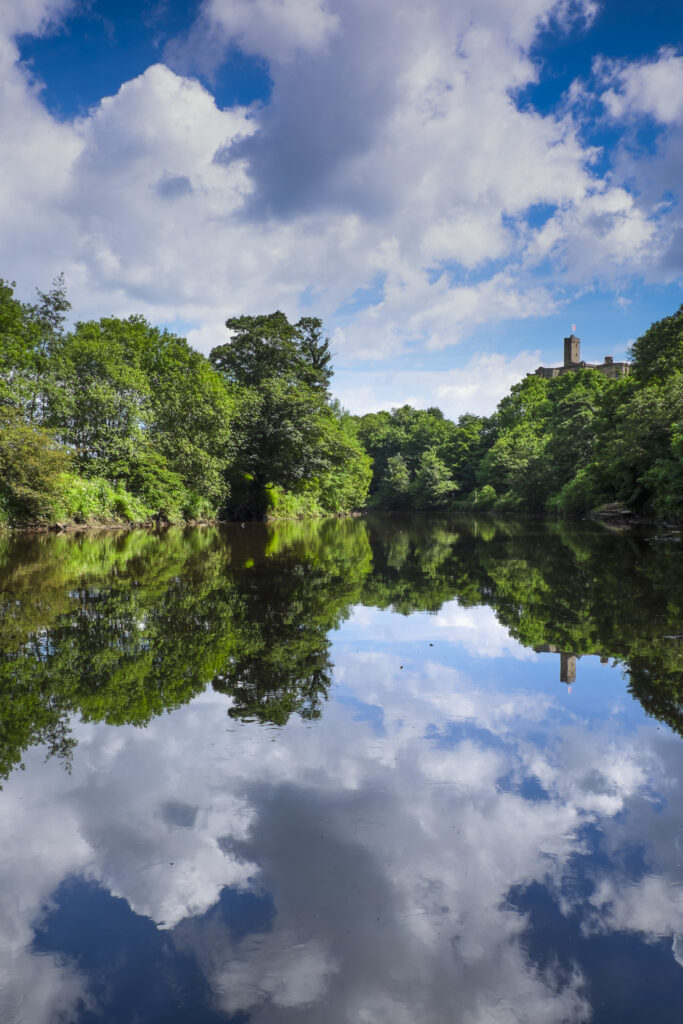 England, Northumberland, Warkworth. Warkworth Castle reflected upon the still waters of the River Coquet.