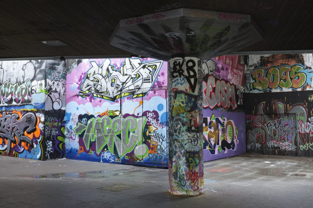 England, Greater London, Southbank. Graffiti art at the undercroft South Bank Centre Skateboard Area, London.