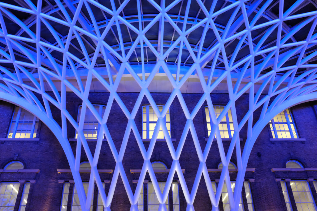 England, Greater London, King's Cross Station. Modern new architecture of Western Concourse at King's Cross railway station in London