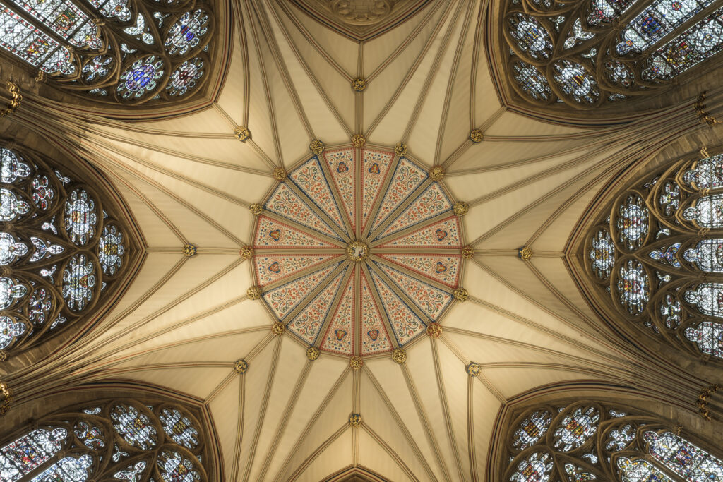 England, North Yorkshire, York Minster Cathedral. Ceiling details of The Chapter House in York Minster.