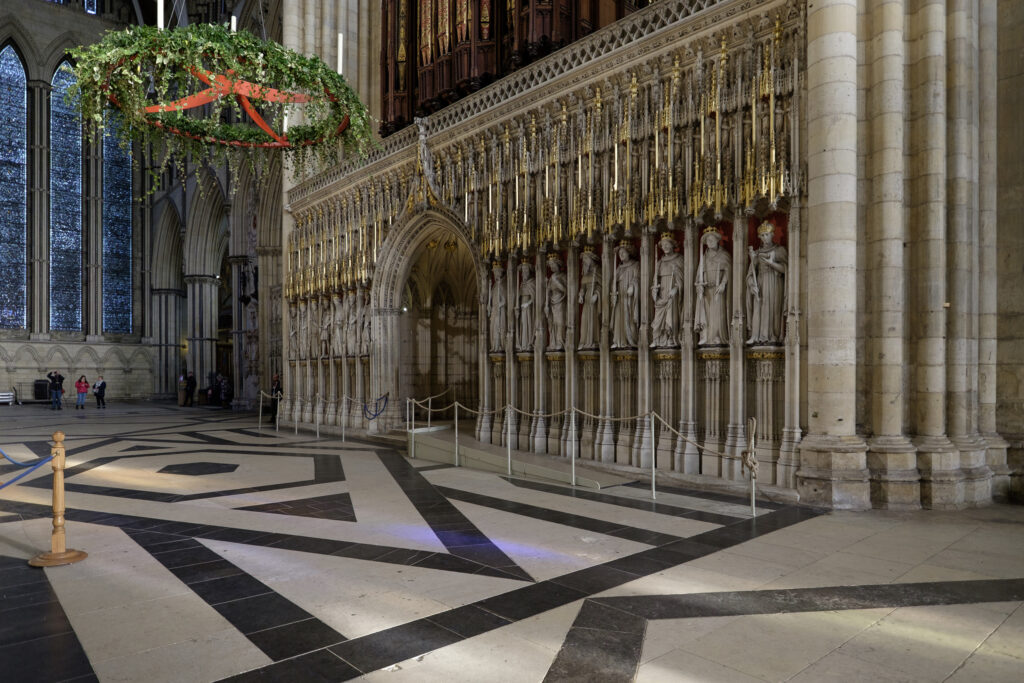 England, North Yorkshire, York Minster Cathedral. The Wall of Kings at York Minster.