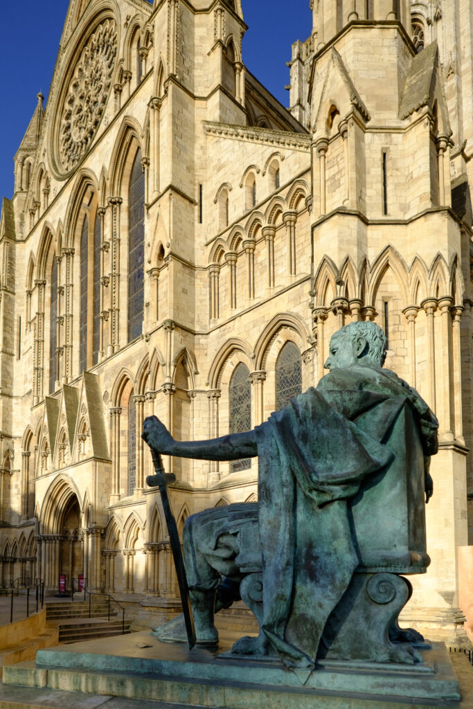 England, North Yorkshire, York City. Statue of Roman Emperor Constantine the Great. near the main entrance to York Minster.