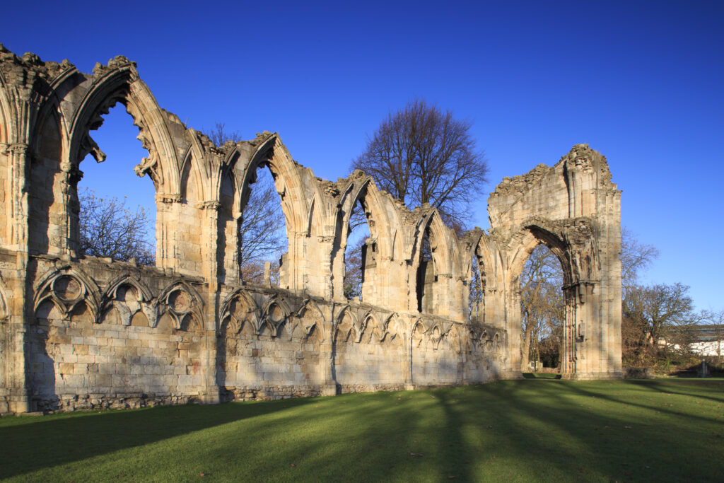 England, North Yorkshire, York City. The ruins of St Mary's Benedictine Abbey near the Yorkshire Museum in the city of York.